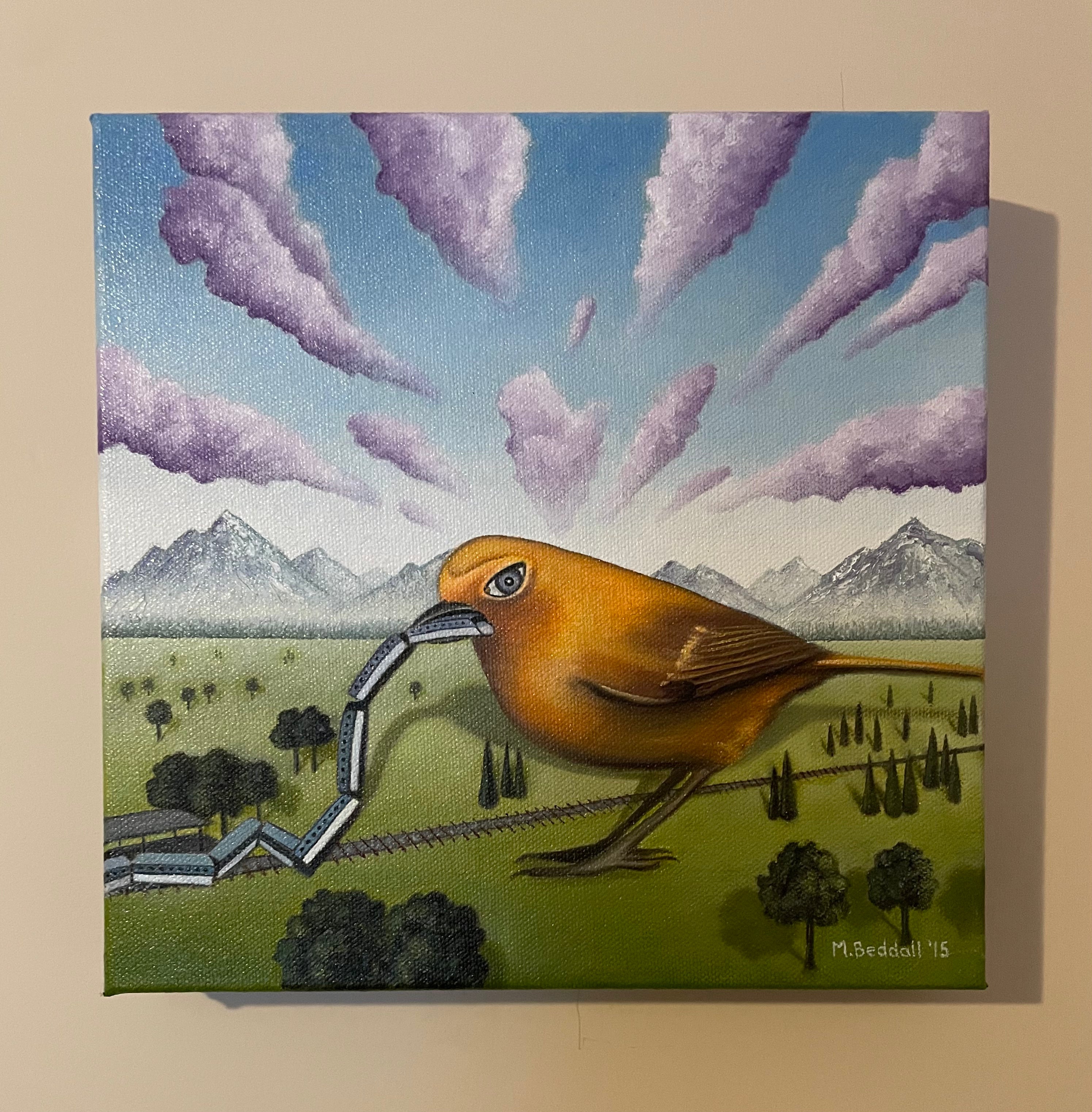 Painting of a bird with a train in its beak against a landscape with mountains and trees