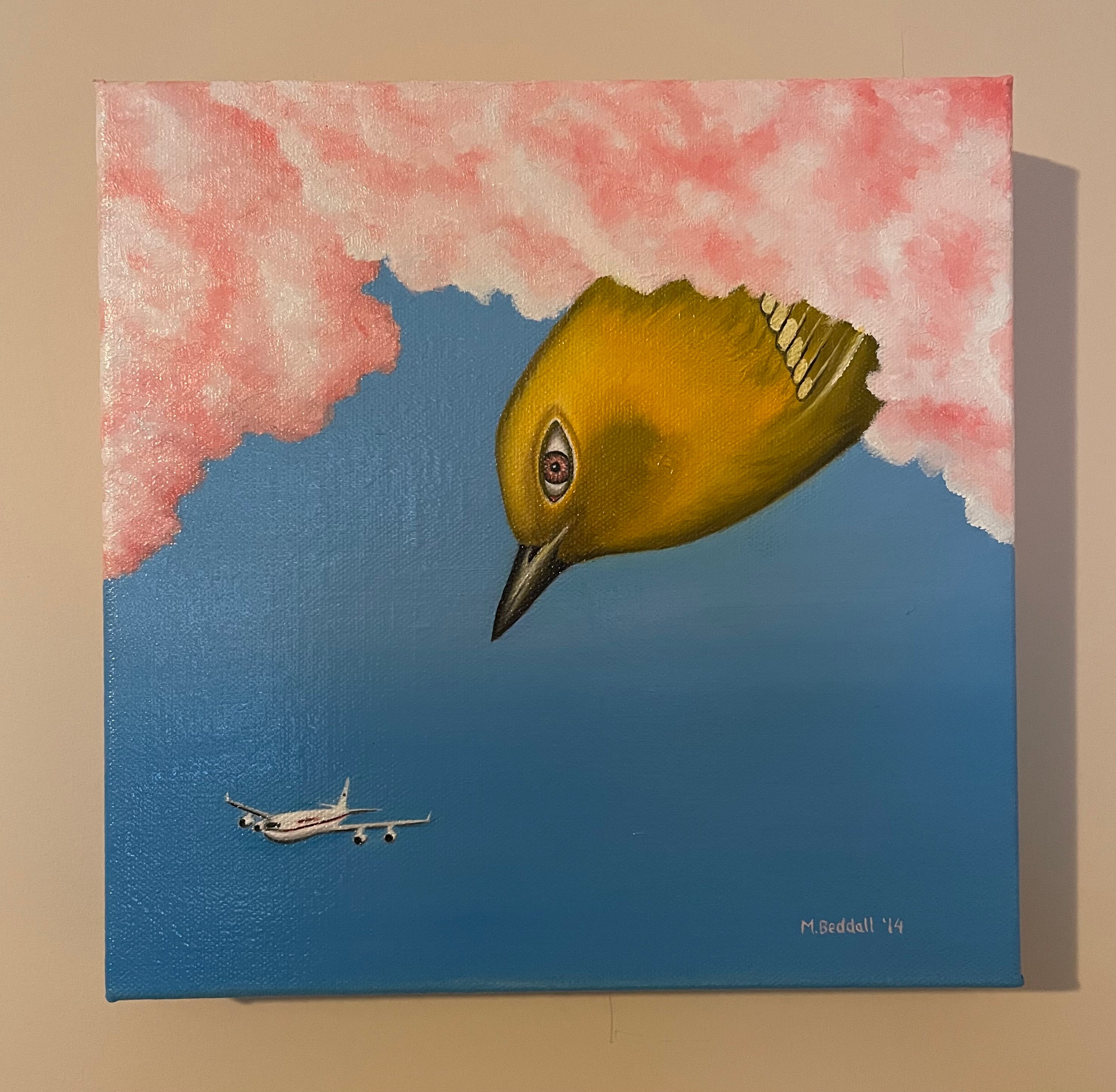 Painting of a bird's head peeking through a cloud with an airplane below