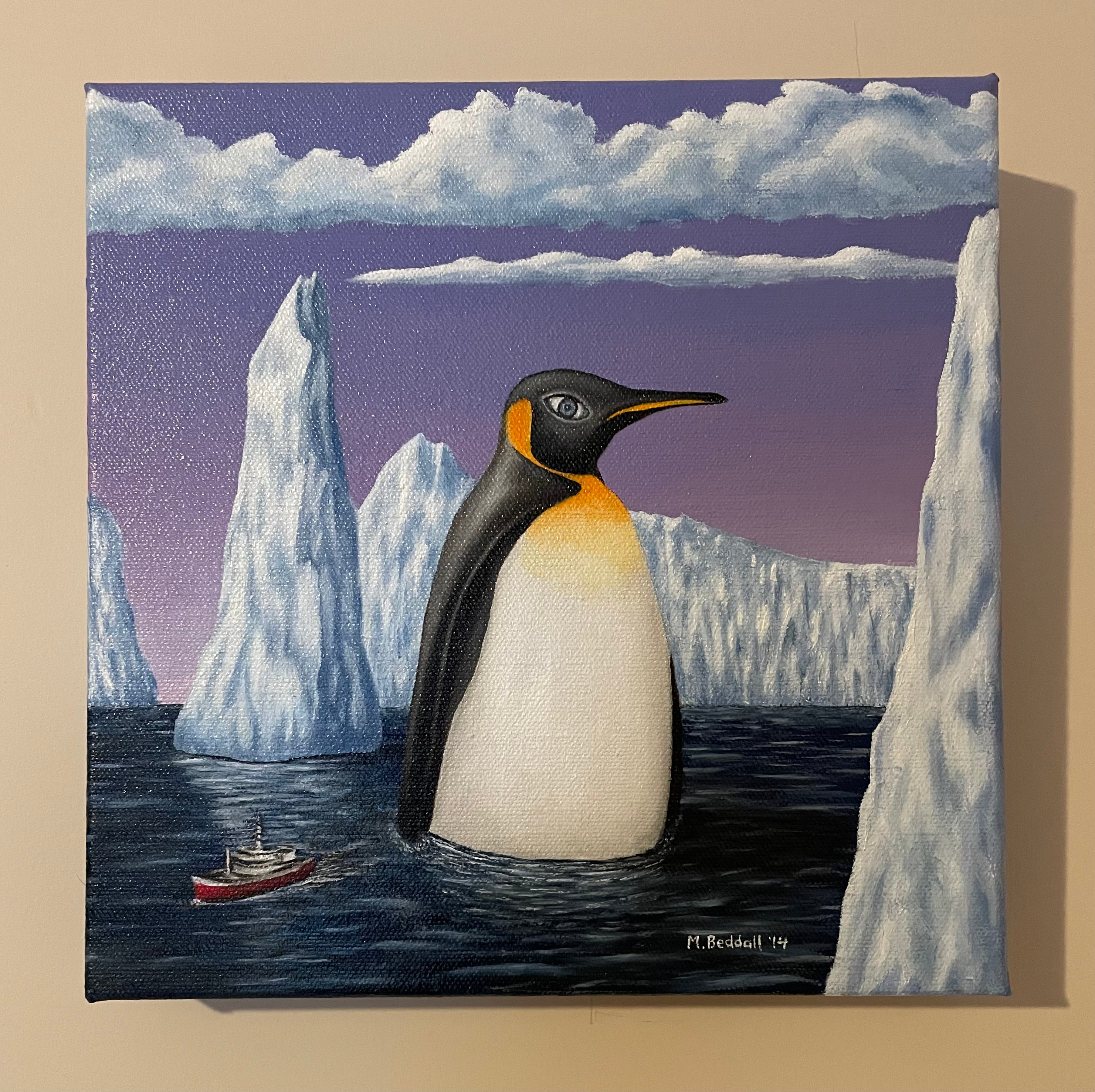 Painting of a penguin in an icy landscape with a ship in the background
