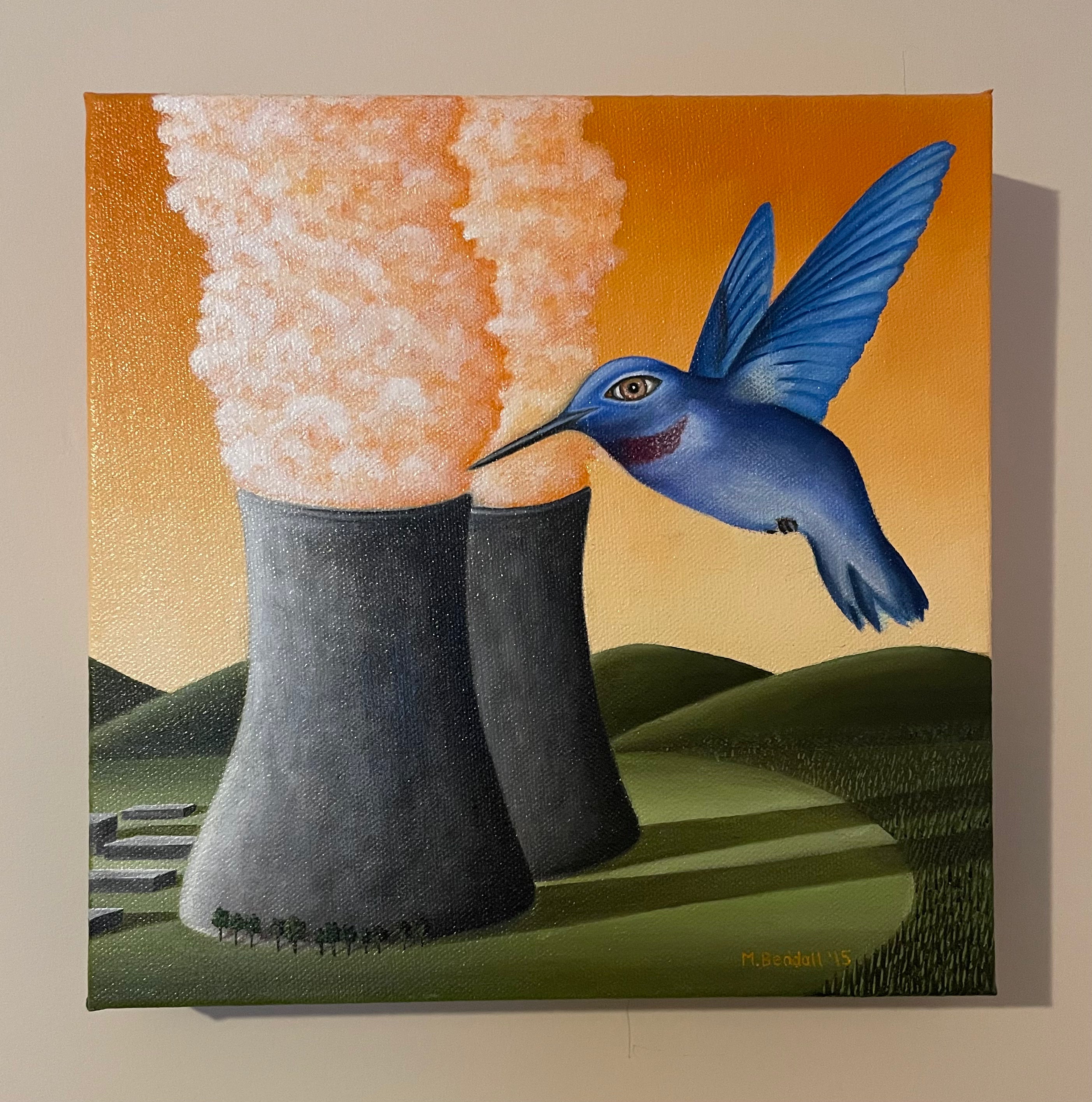Painting of a hummingbird flying near a nuclear cooling tower with smokestack emissions