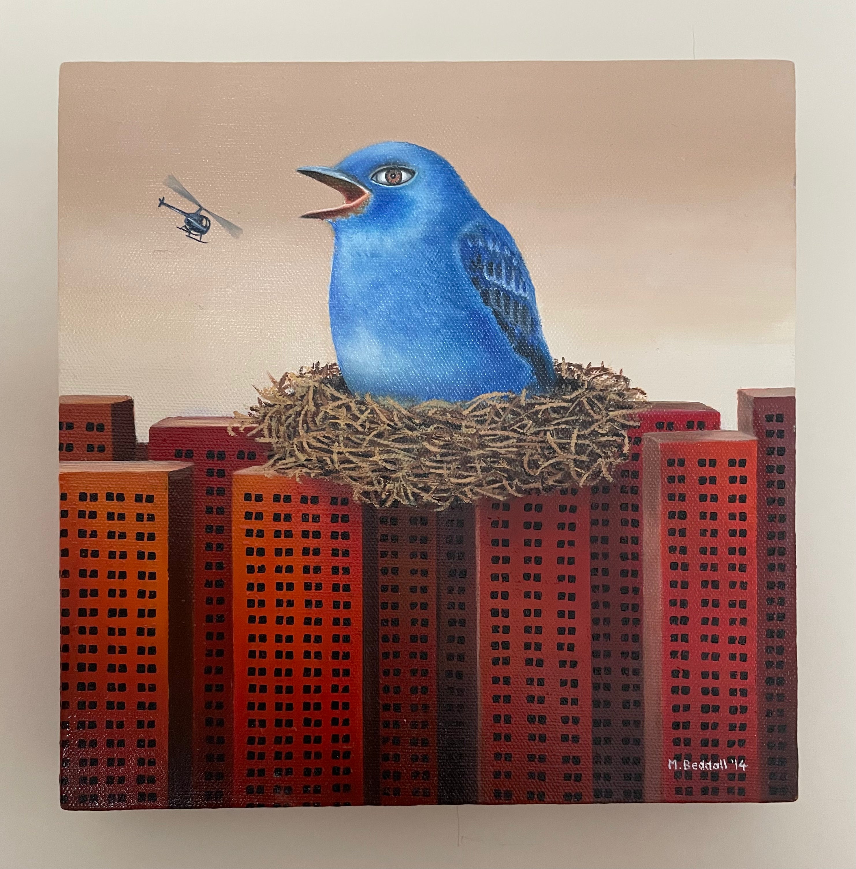 Painting of a blue bird in a nest on top of city buildings with a helicopter in the background