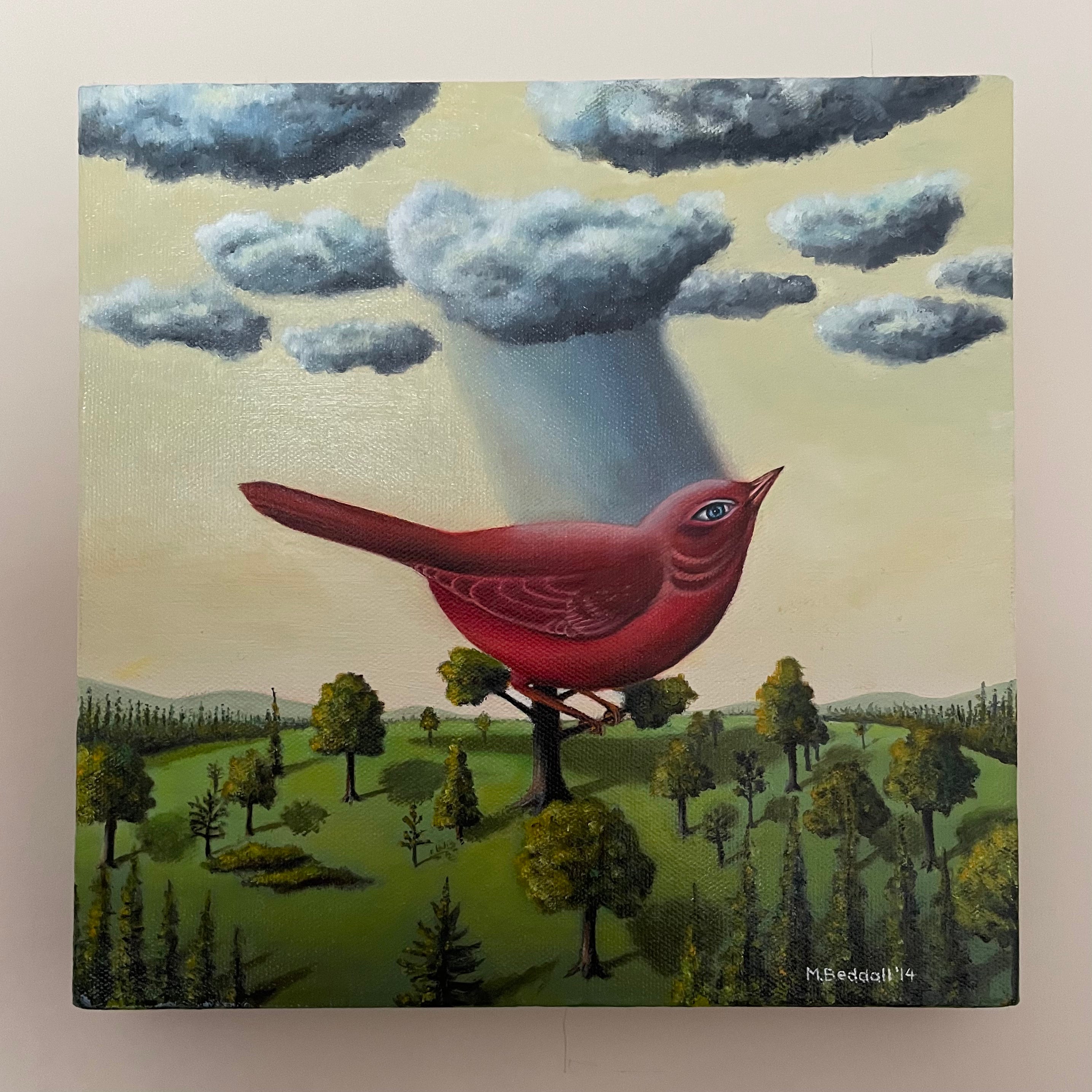 Painting of a red bird in a landscape with trees and clouds.