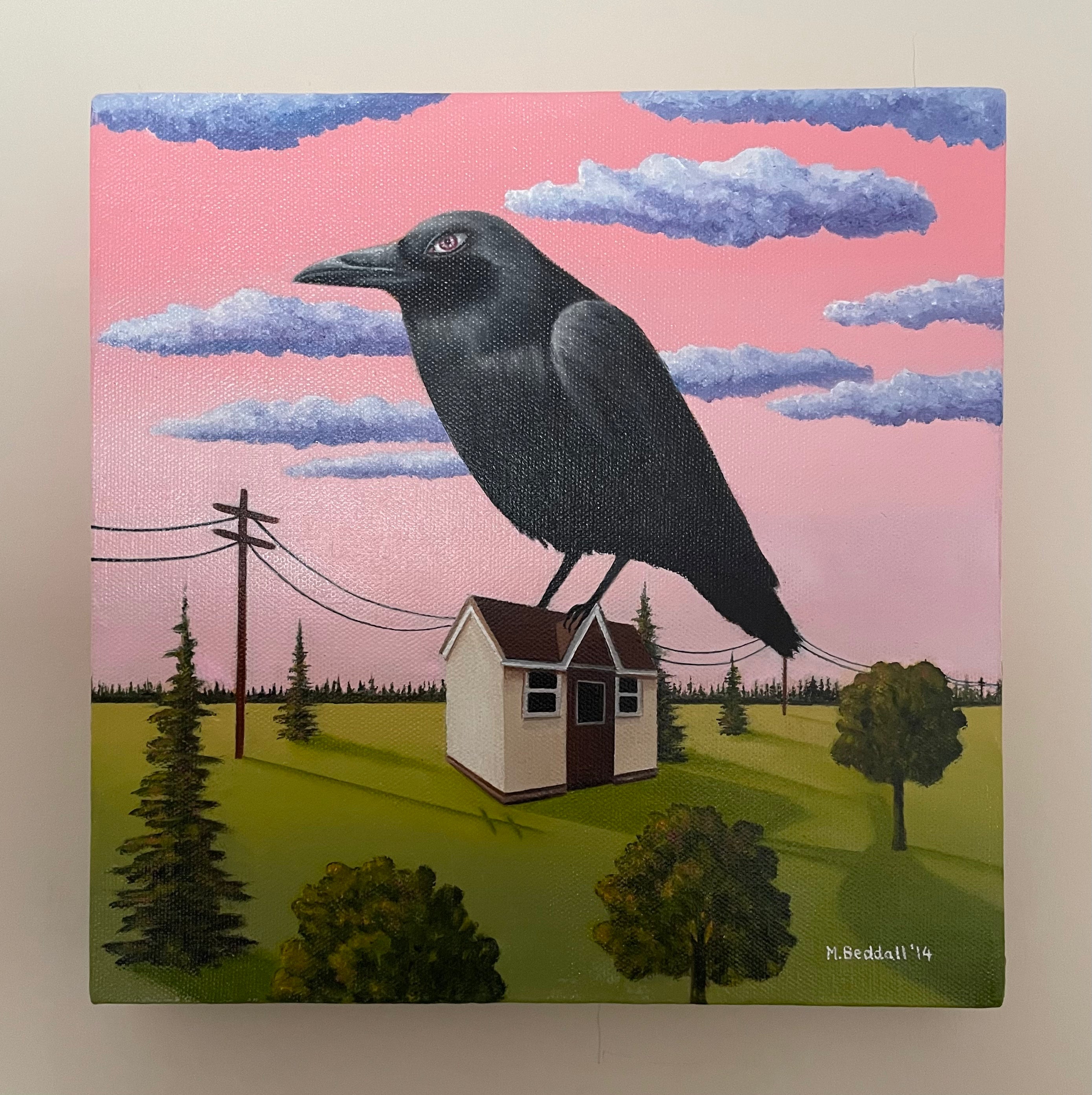 Painting of a crow perched on a small house with a pink sky and clouds.