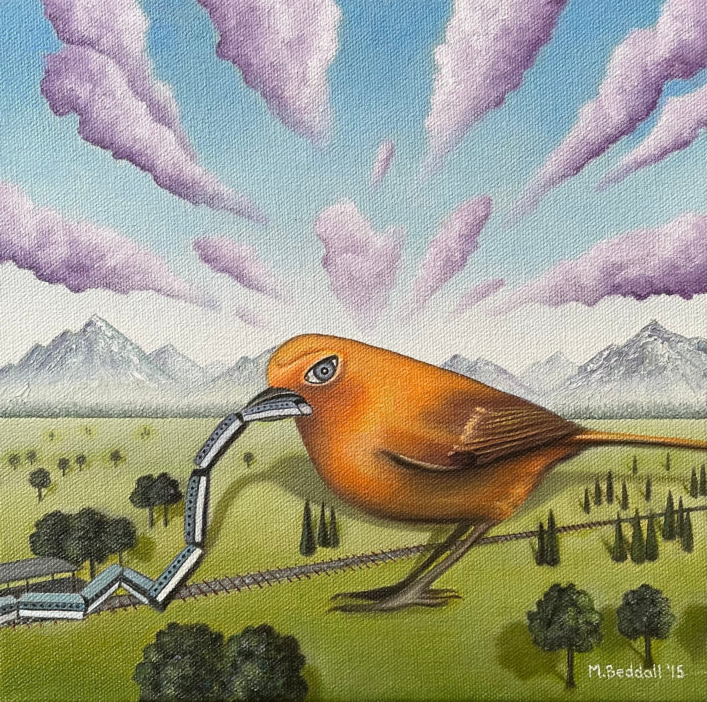 Painting of a bird with a train in its beak against a landscape with mountains and trees