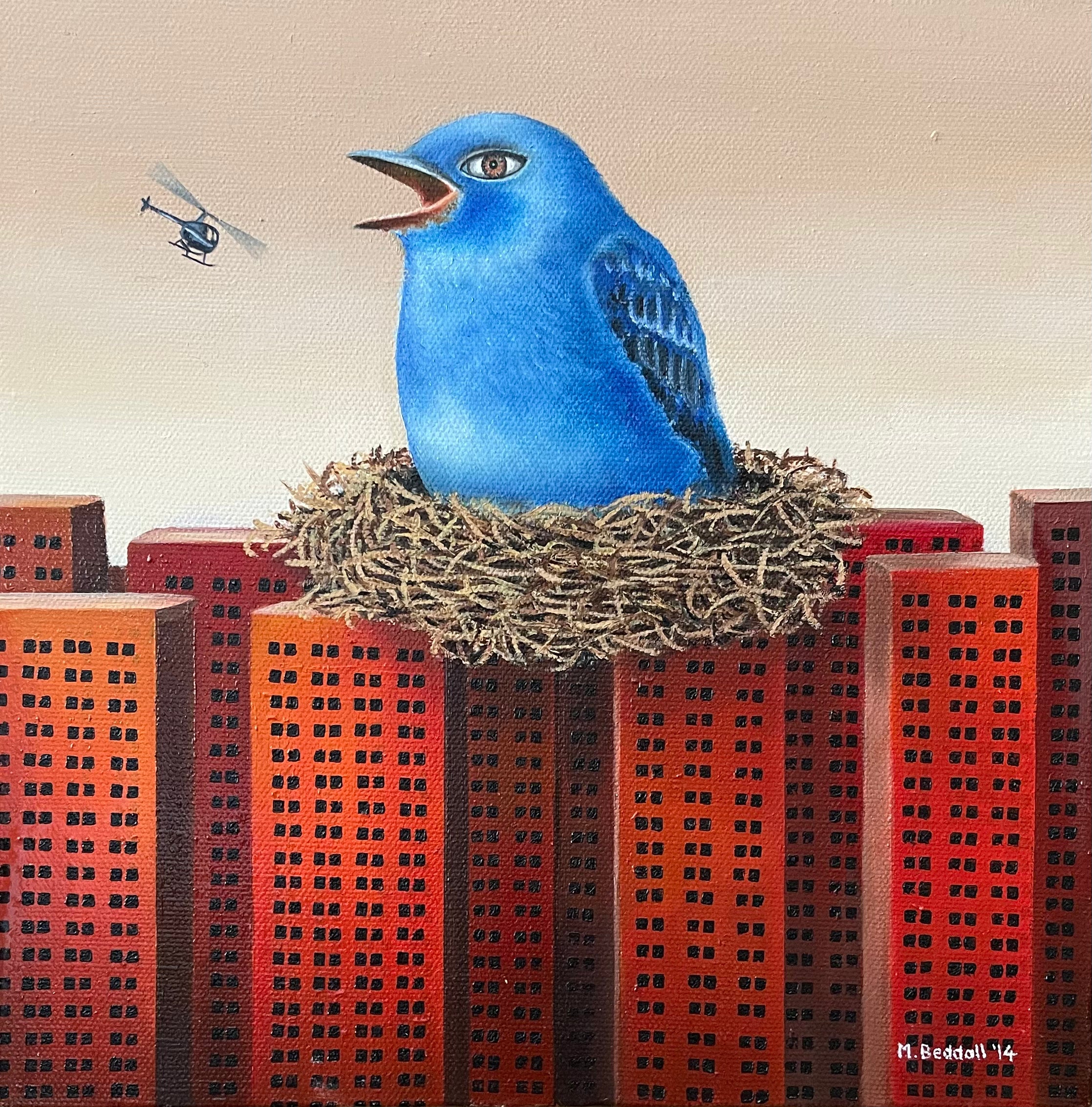 Blue bird in a nest on top of city buildings with a helicopter in the background
