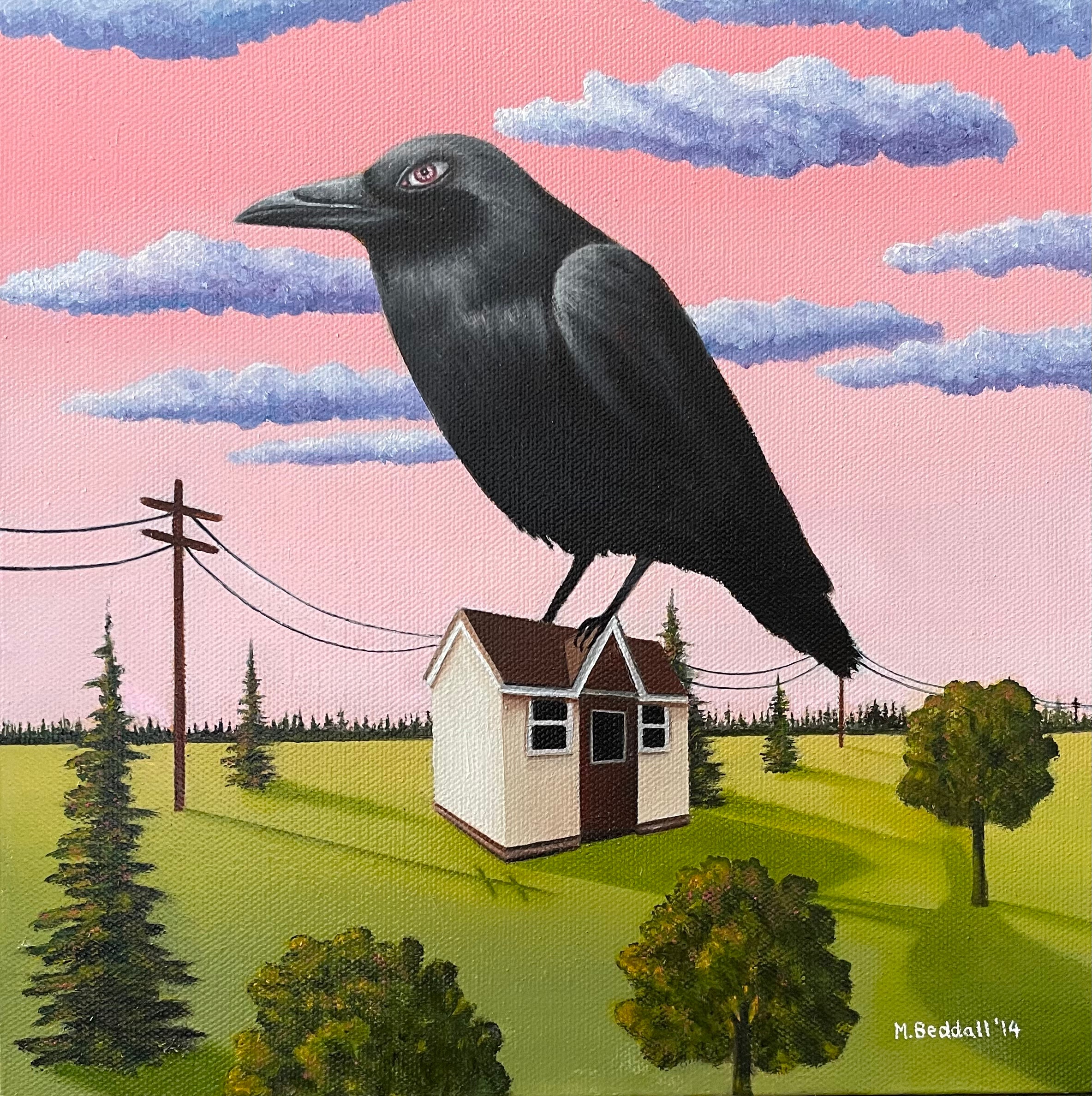 Black crow perched on a small house with a pink sky and clouds