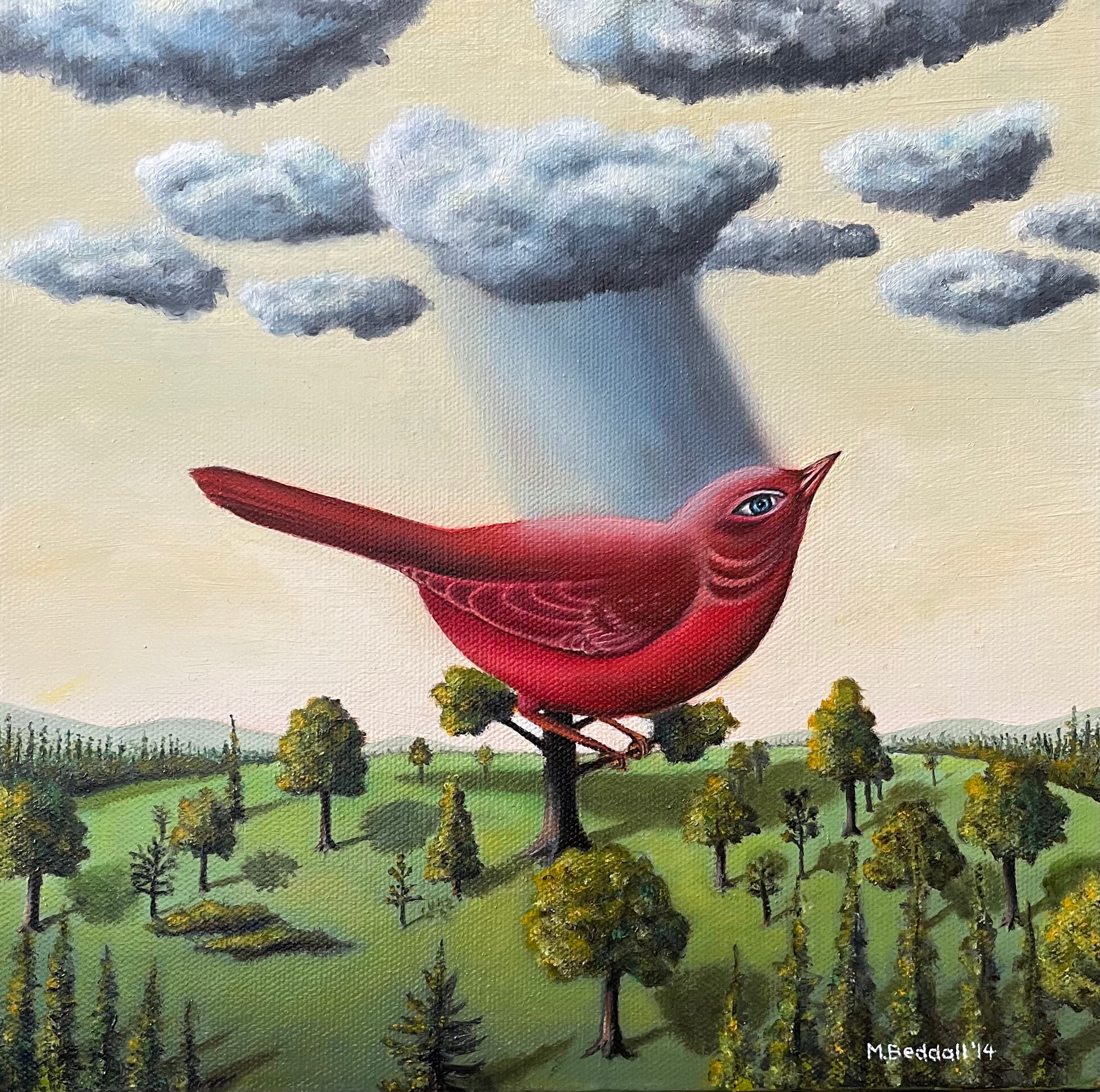 Painting of a red bird in a landscape with trees and clouds.