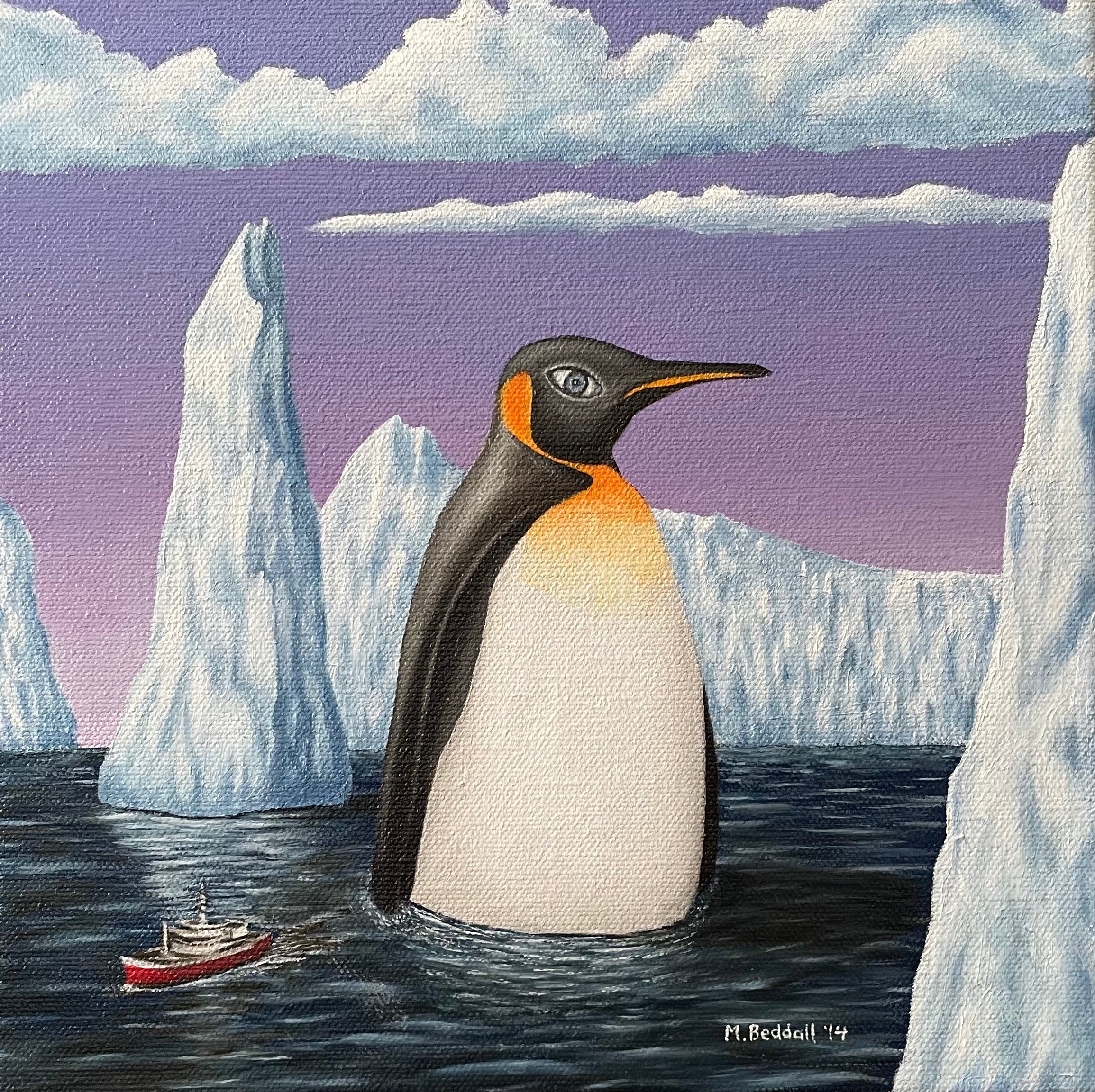 Painting of a penguin in an icy landscape with icebergs and a ship in the background.