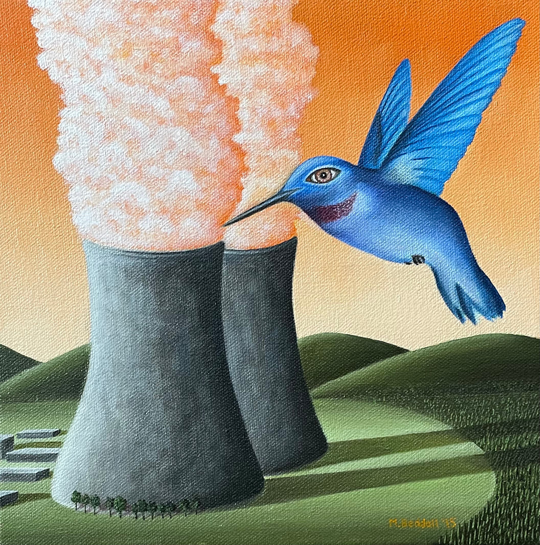 Hummingbird flying near a nuclear cooling tower