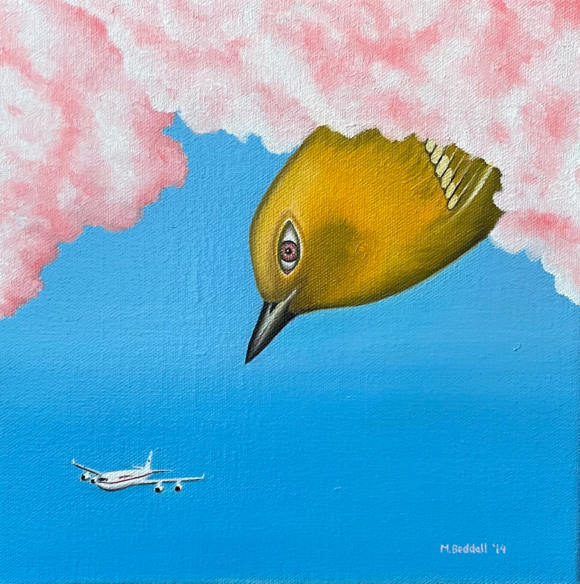 Painting of a bird's head peeking through a cloud with an airplane below